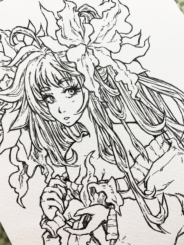 Lily Girl - Traditional inked illustration Waist up with sketchy inking style.