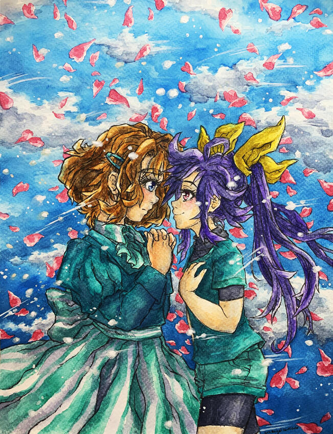 Spring Melody - Watercolour illustration Two characters &amp; detailed sky background.