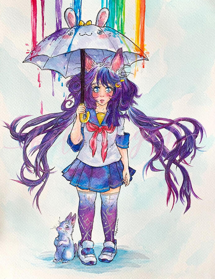 Rainbow Rain - Watercolour Full body, no background.